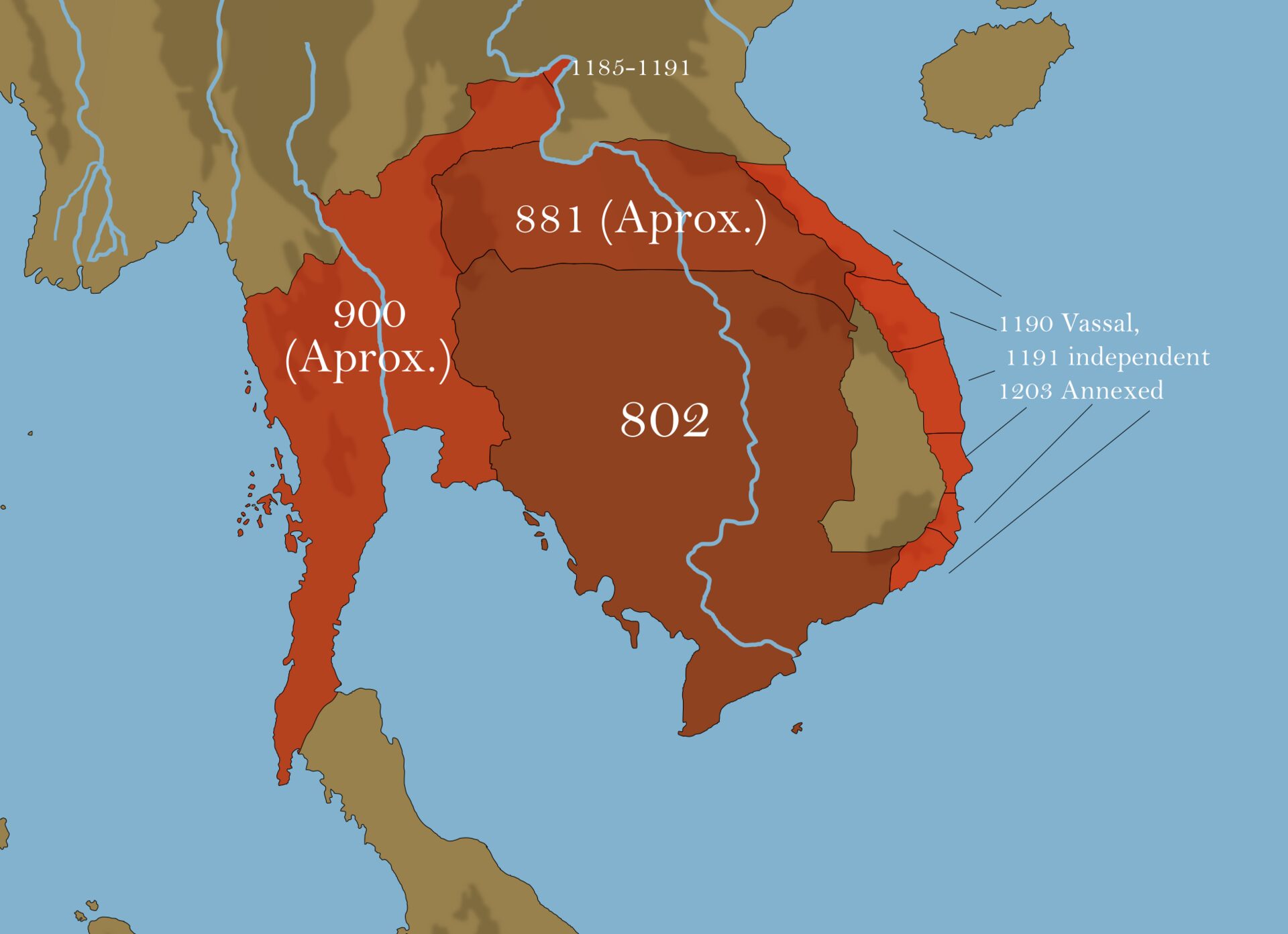 Map showing the expansion of the Khmer Empire from 802 to 1203 CE across mainland Southeast Asia including northeast Thailand
