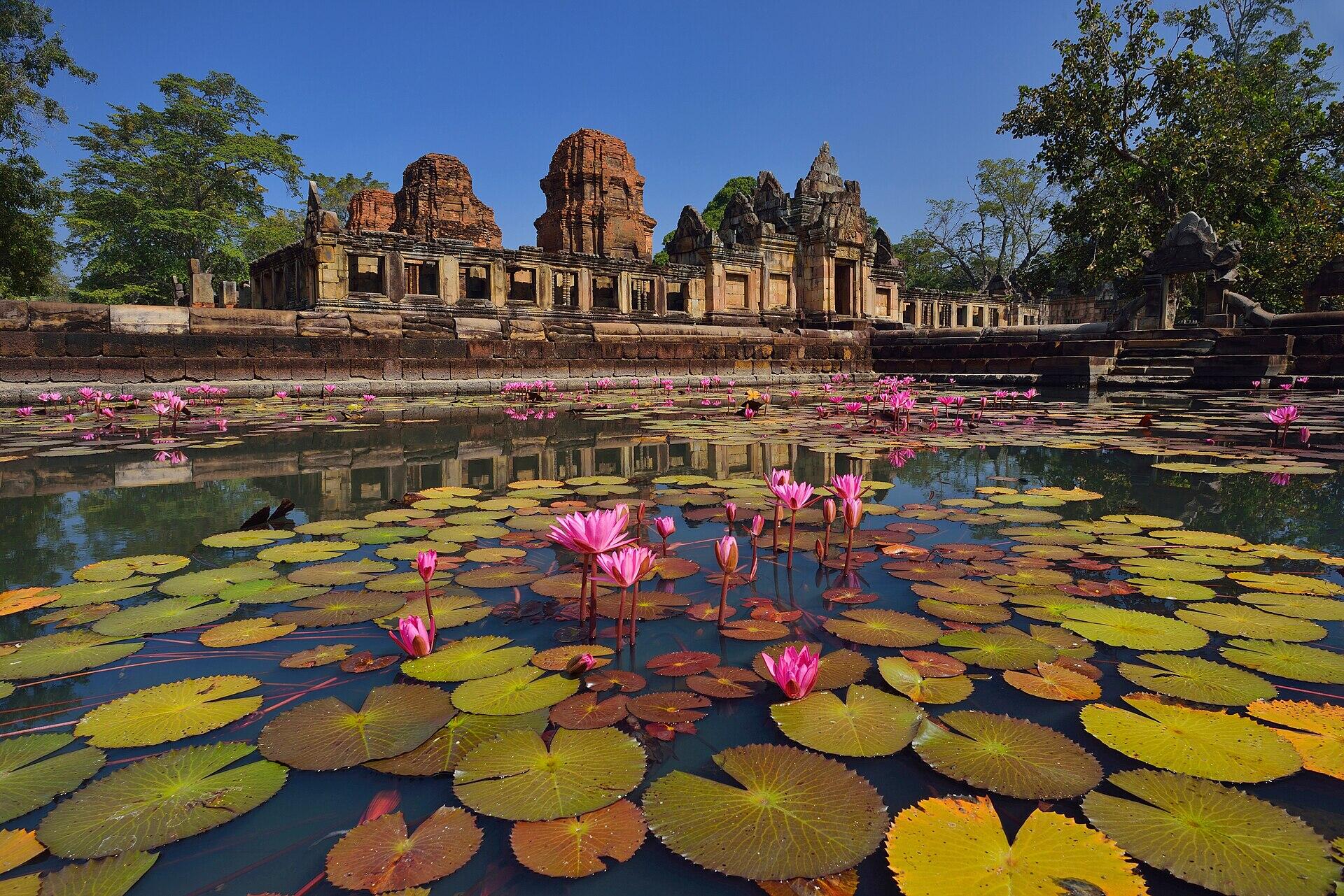 Prasat Mueang Tam Khmer temple complex with sacred baray ponds, Buriram province, Thailand