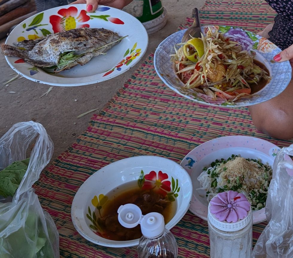 Isaan food in Buriram — grilled fish, som tam and shared dishes on a woven mat