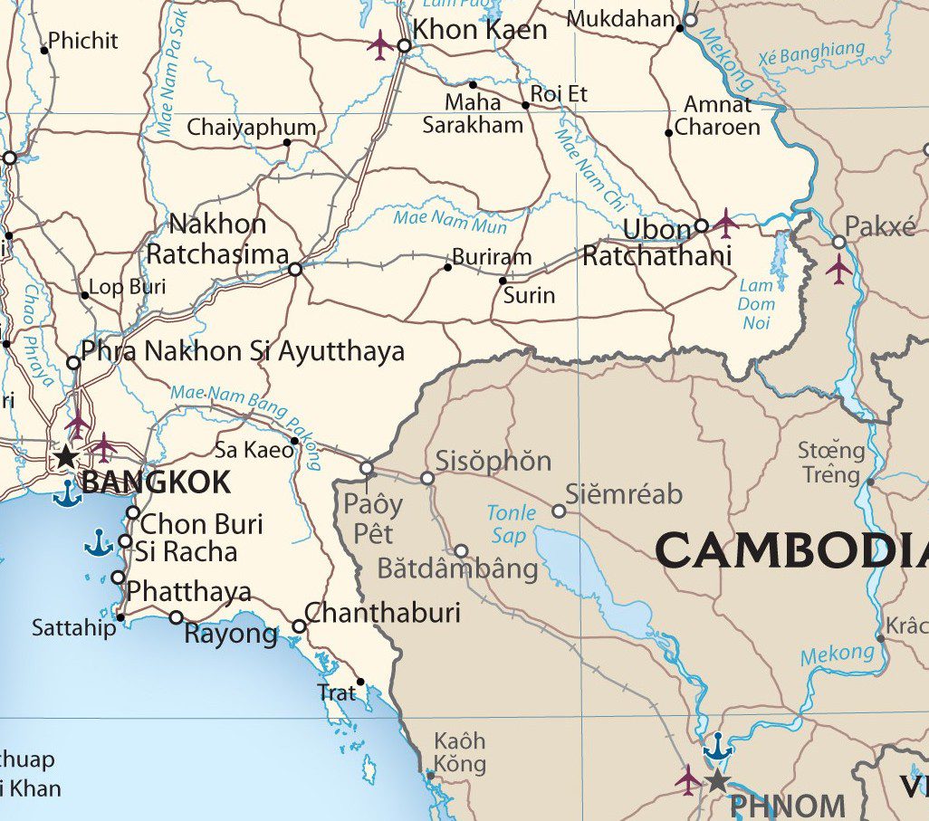 Thailand road and transport map showing provinces and Cambodian border region
