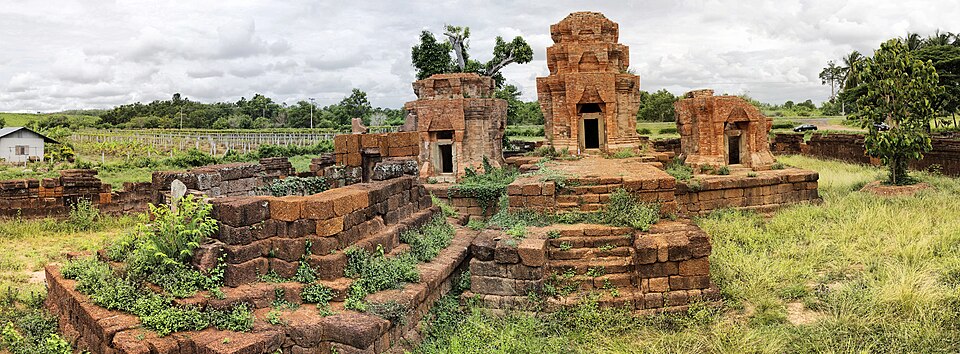 The three brick prangs of Prasat Nong Hong, a Khmer ruin in Buriram province, Thailand