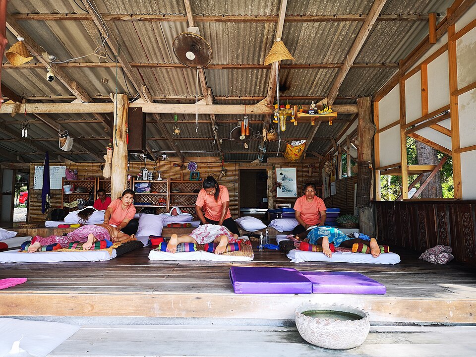 Traditional Thai massage stretch — wellness therapy in Buriram and the Lower Northeast