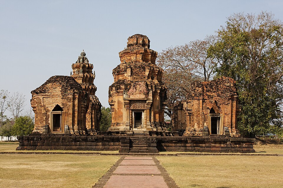 Five brick prangs of Prasat Sikhoraphum Khmer temple, Surin province, northeast Thailand