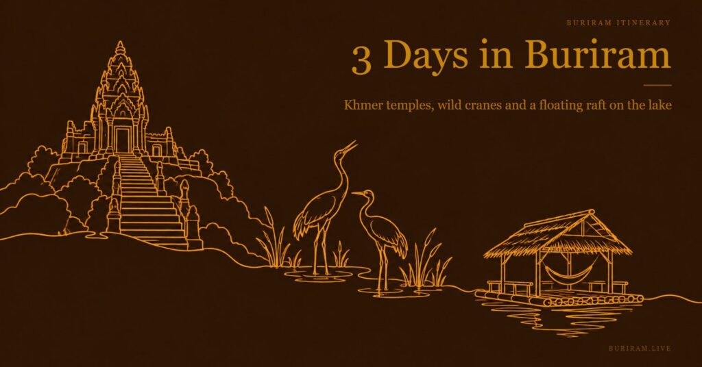 Gold line illustration of a Khmer temple, two sarus cranes and a floating raft: 3 days in Buriram