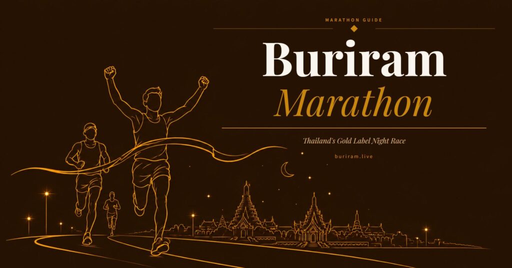Runners crossing the finish line at the Buriram Marathon, Thailand's Gold Label night race