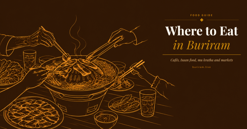 Line illustration of a family mu kratha dinner: where to eat in Buriram